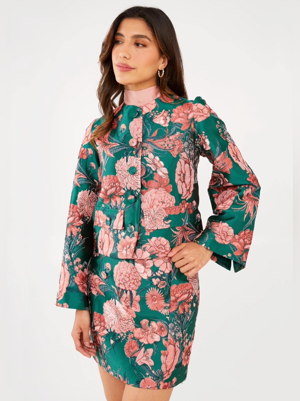 Abbey Glass Kennedy Set of 2 pcs Jacket & Skirt Forest Mum Jacquard Plus Size 2X - Picture 2 of 9